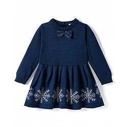 Babyhug Knitted Full Sleeves Woollen Dress with Intarsia Design & Bow Applique - Navy Blue