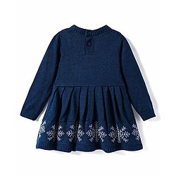 Babyhug Knitted Full Sleeves Woollen Dress with Intarsia Design & Bow Applique - Navy Blue