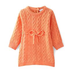 Babyhug Full Sleeves Cable Knit Woollen Dress - Orange