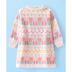 Babyhug Knitted Full Sleeves Woolen Dress With Floral Design -White