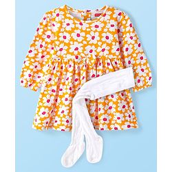 Babyhug Single Jersey Knit Full Peasant Sleeves Floral Print Frock With Leggings - Orange