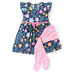 Babyhug Single Jersey Knit Frill Sleeves Floral Print Frock with Legging - Navy Blue