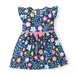 Babyhug Single Jersey Knit Frill Sleeves Floral Print Frock with Legging - Navy Blue
