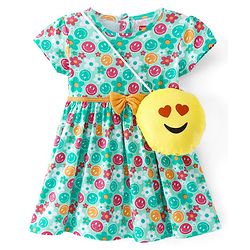 Babyhug Single Jersey Knit Half Sleeves Frock with Sling Bag  Floral Print & Bow Applique - Sea Green