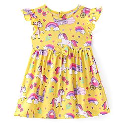 Babyhug Single Jersey Knit Frill Sleeves Frock with Bloomer Unicorn Print & Bow Applique - Lemon
