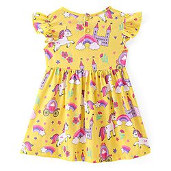 Babyhug Single Jersey Knit Frill Sleeves Frock with Bloomer Unicorn Print & Bow Applique - Lemon