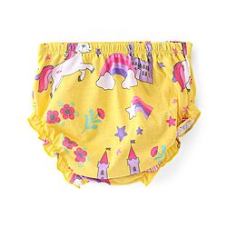 Babyhug Single Jersey Knit Frill Sleeves Frock with Bloomer Unicorn Print & Bow Applique - Lemon