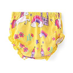 Babyhug Single Jersey Knit Frill Sleeves Frock with Bloomer Unicorn Print & Bow Applique - Lemon