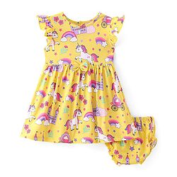 Babyhug Single Jersey Knit Frill Sleeves Frock with Bloomer Unicorn Print & Bow Applique - Lemon