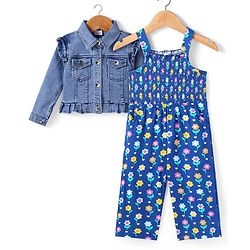 Babyhug Single Jersey Knit Smocking Detailed Floral Printed Jumpsuit With Full Sleeves Denim Jacket - Blue