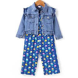 Babyhug Single Jersey Knit Smocking Detailed Floral Printed Jumpsuit With Full Sleeves Denim Jacket - Blue