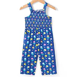 Babyhug Single Jersey Knit Smocking Detailed Floral Printed Jumpsuit With Full Sleeves Denim Jacket - Blue