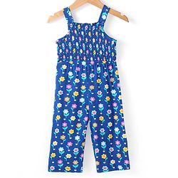 Babyhug Single Jersey Knit Smocking Detailed Floral Printed Jumpsuit With Full Sleeves Denim Jacket - Blue