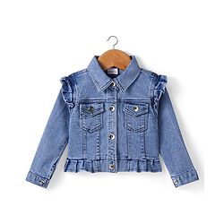 Babyhug Single Jersey Knit Smocking Detailed Floral Printed Jumpsuit With Full Sleeves Denim Jacket - Blue