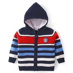 Babyhug Knitted Full Sleeves Striped Hooded Front Open Sweater- Multicolor
