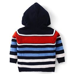 Babyhug Knitted Full Sleeves Striped Hooded Front Open Sweater- Multicolor