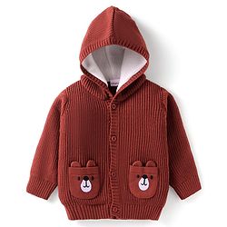 Babyhug Knitted Full Sleeves Front Open Hooded Sweater with Bear Embroidery & Applique - Dark Red