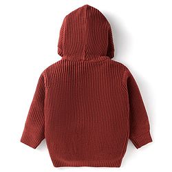 Babyhug Knitted Full Sleeves Front Open Hooded Sweater with Bear Embroidery & Applique - Dark Red