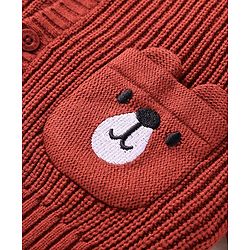 Babyhug Knitted Full Sleeves Front Open Hooded Sweater with Bear Embroidery & Applique - Dark Red