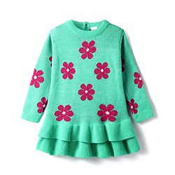 Babyhug Knitted Full Sleeves Layered Woollen Frock with Floral Design - Turquoise & Red