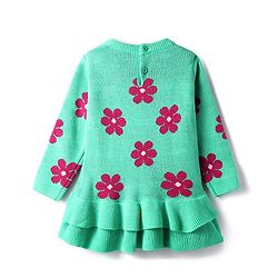 Babyhug Knitted Full Sleeves Layered Woollen Frock with Floral Design - Turquoise & Red