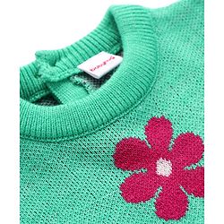 Babyhug Knitted Full Sleeves Layered Woollen Frock with Floral Design - Turquoise & Red