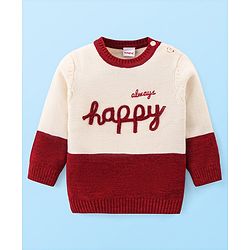 Babyhug Knitted Full Sleeves Pullover Sweater with Colour Block Design & Text Embroidery - Cream & Red