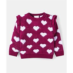 Babyhug Knitted Full Sleeves Pullover Sweater With Heart Design - Wine