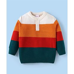 Babyhug Knit Full  Sleeves Pullover Sweater with Stripes Design - Orange Red & Dark Green