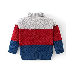 Babyhug Knitted Full Sleeves Turtle Neck Pullovers Sweater With Colour Block & Cable Knit Design - Multicolour