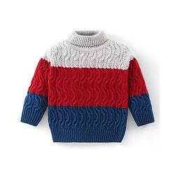 Babyhug Knitted Full Sleeves Turtle Neck Pullovers Sweater With Colour Block & Cable Knit Design - Multicolour