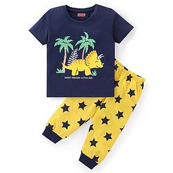 Babyhug Cotton Knit Half Sleeves Night Suit with Animal & Star Print - Navy & Yellow