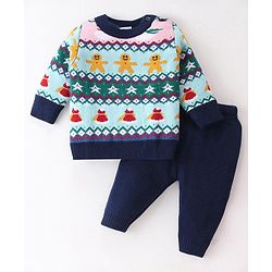 Babyhug Knitted Full Sleeves Pullover Sweater Set With Christmas Theme Design - Navy Blue