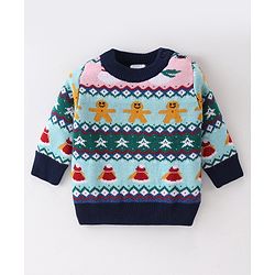 Babyhug Knitted Full Sleeves Pullover Sweater Set With Christmas Theme Design - Navy Blue