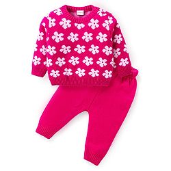 Babyhug Knitted Full Sleeves Pullover Sweater Set With Floral Design- Pink