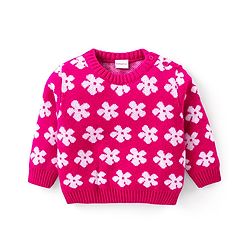 Babyhug Knitted Full Sleeves Pullover Sweater Set With Floral Design- Pink