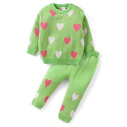 Babyhug Knit Full Sleeves Sweater Set With Hearts Design - Green