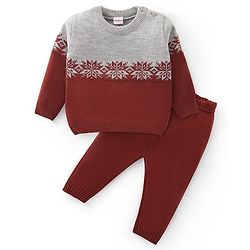 Babyhug Knitted Full Sleeves Sweater Set with Floral Design - Maroon