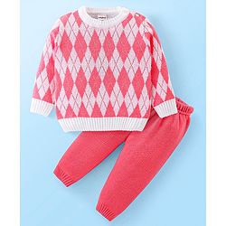 Babyhug Knit Full Sleeves Sweater Set With Argyle Design - Pink