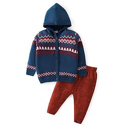 Babyhug Knit Full Sleeves Front Open Hooded Sweater Set With Aztec Design - Navy Blue