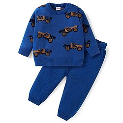 Babyhug Knitted Full Sleeves Pullover Sweater Set with Truck Design - Blue