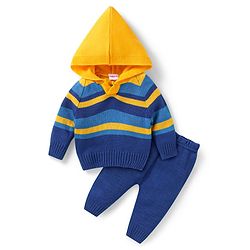 Babyhug Knit Full Raglan Sleeves Striped Hooded  Sweater Set - Navy & Yellow