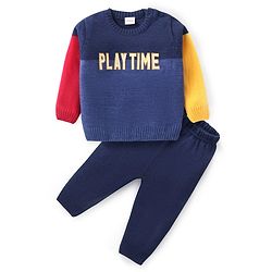 Babyhug Knitted Full Sleeves Pullover Sweater Set with Text Embroidery - Navy Blue & Yellow