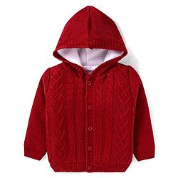 Babyhug Knitted Full Sleeves Front Open Solid Colour Hooded Sweater - Red
