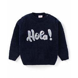 Babyhug Knit Full Sleeves Pullover Sweater with Sequinned Text Design - Navy Blue
