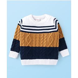 Babyhug Knitted Full Sleeves Pullover Sweater with Cable Knit & Striped Design - White Brown & Black
