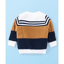 Babyhug Knitted Full Sleeves Pullover Sweater with Cable Knit & Striped Design - White Brown & Black
