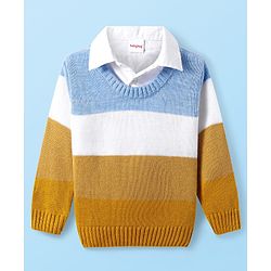 Babyhug Knitted Full Sleeves Collared Colour Block Pullover Sweater - Mustard Blue & White