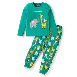 Babyhug Cotton Knit Full Sleeves Night Suit with Wild Animal Print - Sea Green