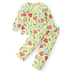 Babyhug Cotton Knit Full Sleeves Night Suit With Hearts Print - Green